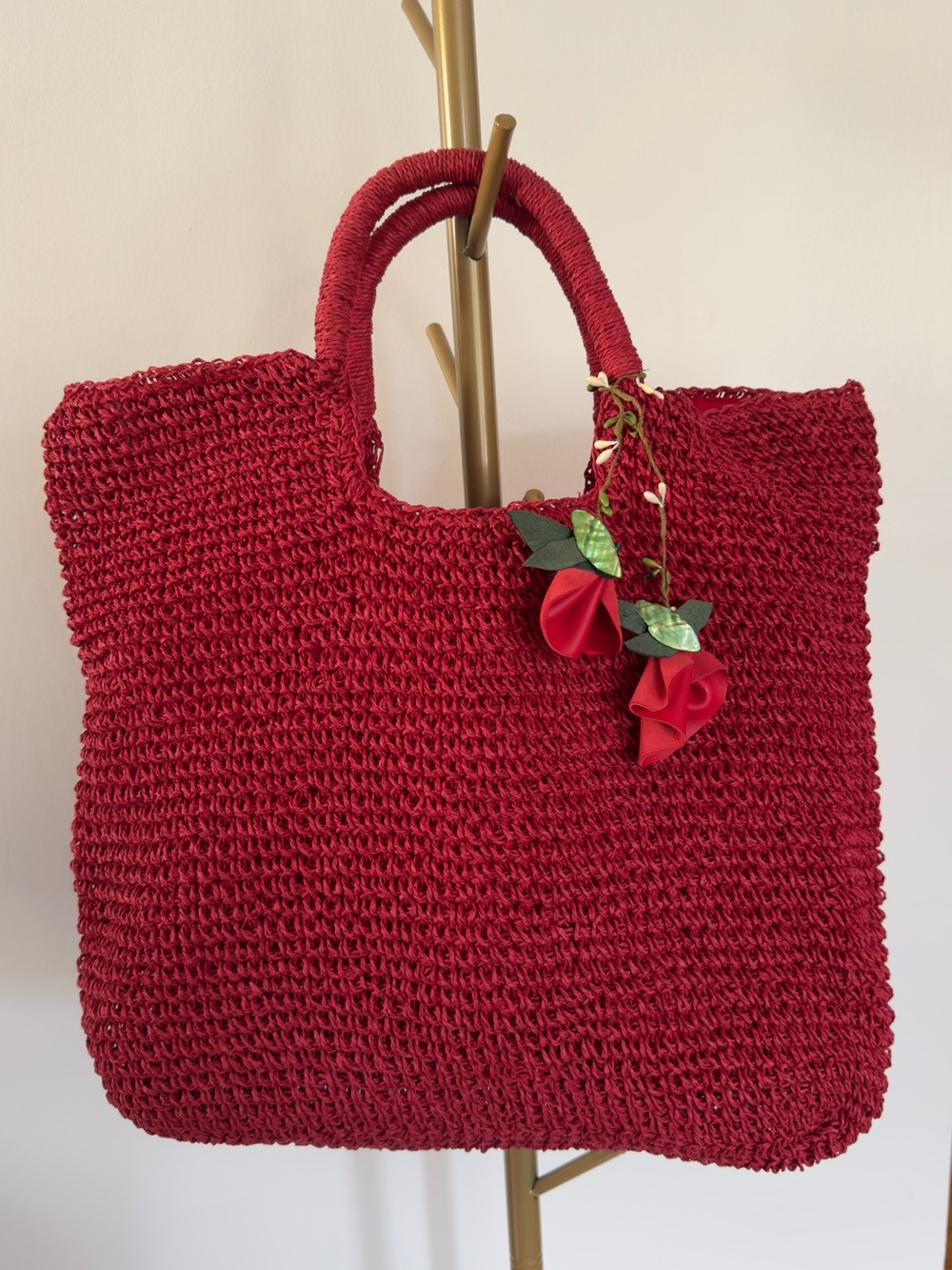 Topshop Straw Crochet Tote Bag with Floral Charm - Red